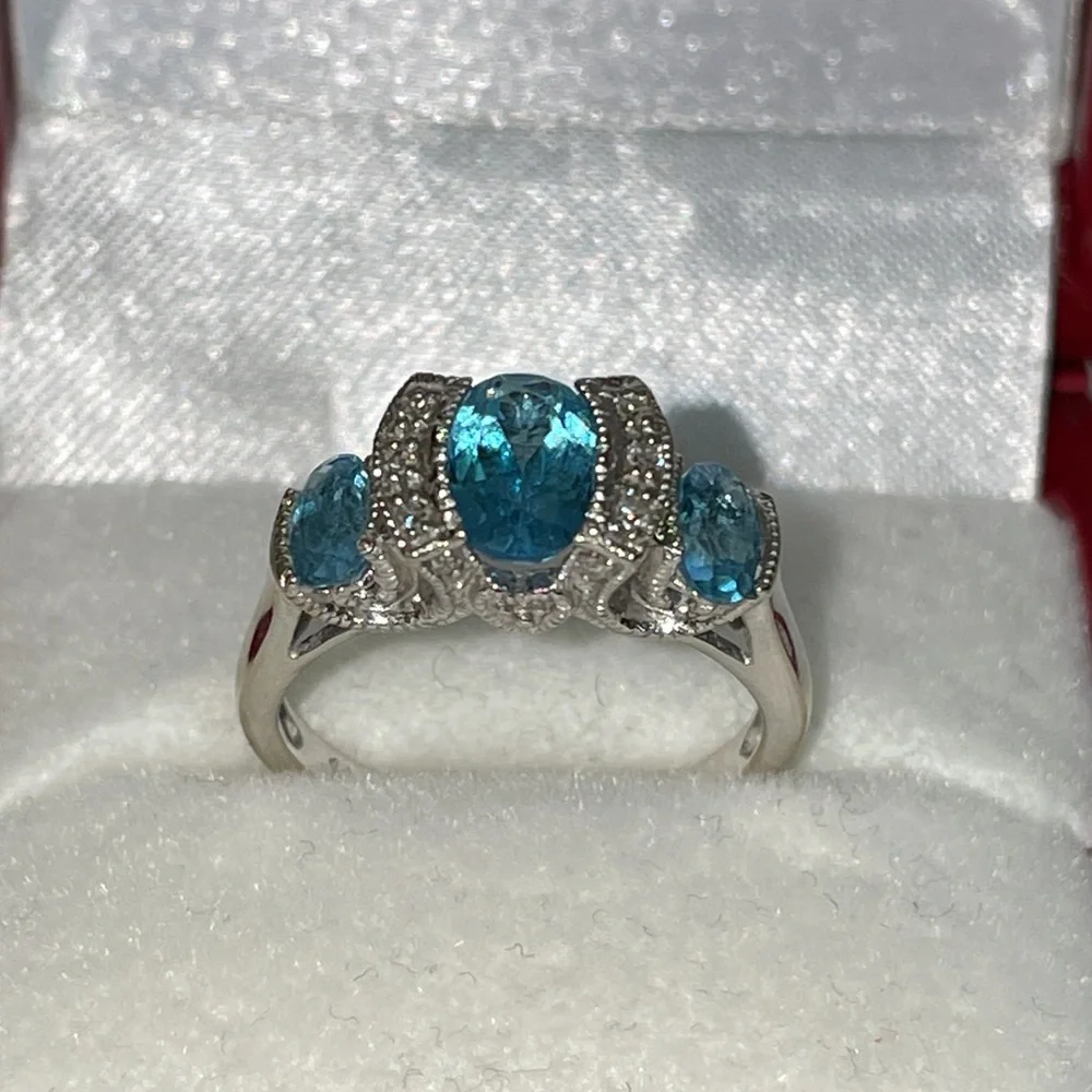 Solid Stamped 14K White Gold Oval Trio Natural Blue Topaz Diamond Ring